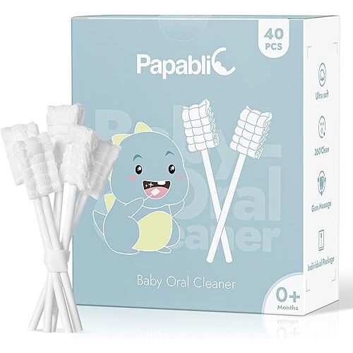 Papablic Baby Tongue Cleaner, Baby Oral Cleaner, Disposable Infant Mouth Cleaner Newborn, Upgrade Gum Cleaner with Paper Handle for Infants Ages 0-2 Years, 40 Pack