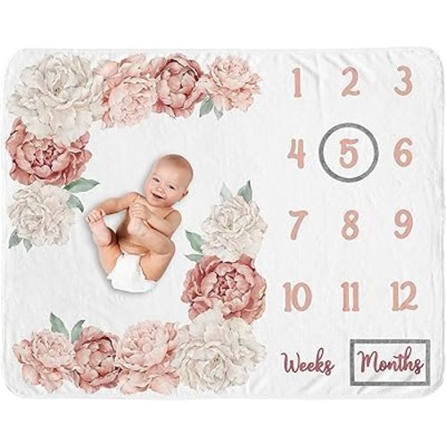 Sweet Jojo Designs Blush Pink Boho Shabby Chic Floral Girl Baby Milestone Blanket Newborn Monthly First Year Photo Growth Chart Infant Memory Gift Set Off White Bohemian Vintage Garden Flower Elegant