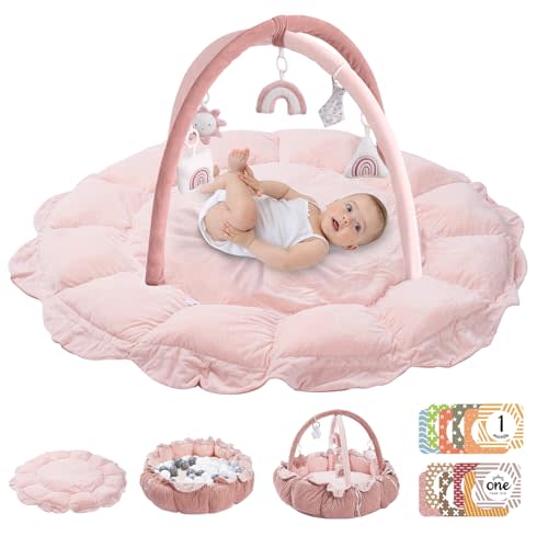 HAN-MM 5-in-1 Convertible Baby Play Gym with 6 Toys, Tummy Time Mat for Sensory Development, Baby Activity Center from Newborn to Toddler, Ball Pit, Cat & Dog Bed, Soft Plush Pet Bed, Pink