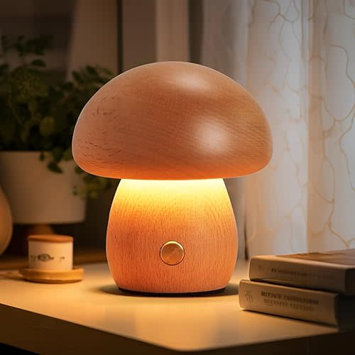 Wooden Mushroom Lamp, Portable Cordless Small Lamp, Rechargeable Battery Operated Lamp,Stepless Dimming, Night Light for Birthday Gifts