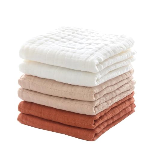 MUKIN Baby Washcloths, Soft Muslin Cotton Face Cloths, Newborn Absorbent Bath Wipes, Burp Cloths or Towels, Pack of 6, 12x12 inches (White,Cream Yellow,Brick Orange)