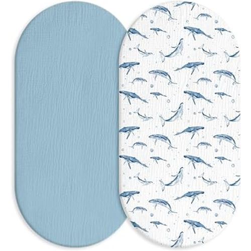 Muslin Bassinet Fitted Sheets, 2 Pack for Baby Boy and Girl, Soft Breathable Baby Pad/Mattress Sheet, Fit for Hourglass Oval and Rectangle Bassinet Mattress (Blue Whale)