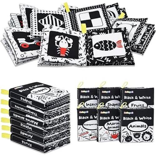 Dr.Rapeti Soft Cloth Books Baby Books Bath Books 6-Pack for Baby Infant Toddler Kids High Contrast Black and White Crinkle Washable Chewable Non-Toxic Early Educational Giftable