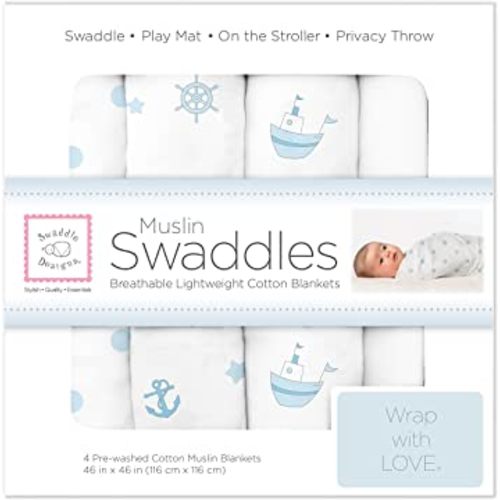 SwaddleDesigns Cotton Muslin Swaddle Blankets, Set of 4, Receiving Blankets for Baby Boys & Girls, Best Shower Gift, 46x46 inches, Pastel Blue Nautical Ships Ahoy!