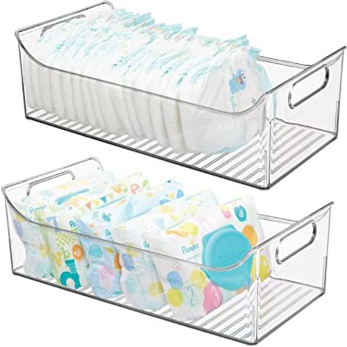 mDesign Portable Nursery Storage Plastic Baby Organizer Storage Caddy Bin w/Handles for Kids/Child Essentials - Holds Diapers, Wipes, Bottles, Baby Food - 16" Long - Ligne Collection - 2 Pack - Clear