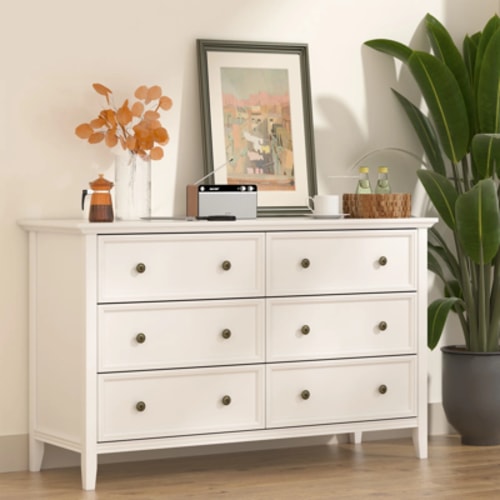 IKENO 6 Drawers White Dresser, Modern Solid Wood Chest of Drawers, White Dresser for Bedroom Room