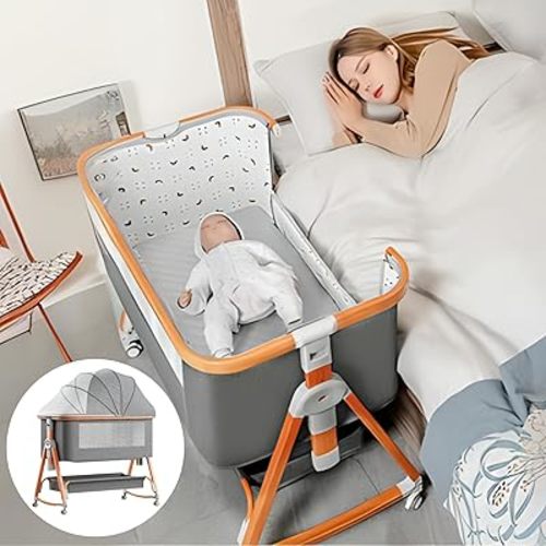 4 in 1 Baby Bassinet Co Sleeper, 6-Level Adjustable Side Sleeper Bassinet with Mattress, Mosquito Net & Storage Basket, Rocking Baby Cradle on Wheels, Ideal Baby Bedside Bassinet for Newborns