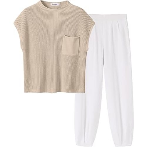 ANRABESS Women's Two Piece Outfits Knit Sweater Vest Crop Top Pants Lounge Matching Tracksuit Sweatsuit Travel Clothes Sets