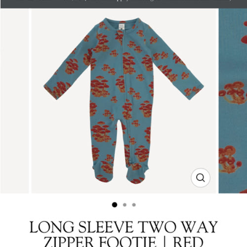 long sleeve two way zipper footie | red mushroom bunch | organic cotton jersey