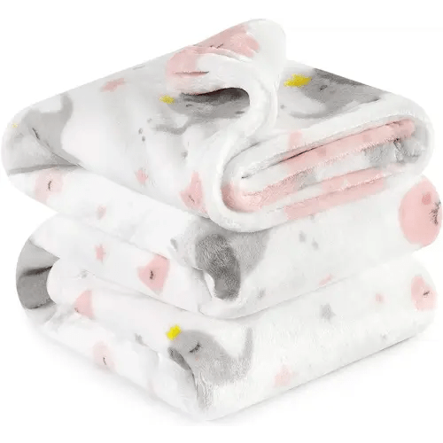 TILLYOU Toddler Blanket for for Boys Girls, Flannel Fuzzy Baby Blanket for Boys Girls, Queen 90" x 90", Pink Cloud & Elephant