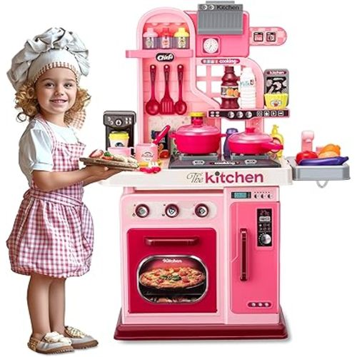 Kids Kitchen Playset-53pcs Cooking Stove,Paly Sink,Oven,Kitchen Toys with Realistic Lights&Sounds,Pretend Play Toys,Kitchen Toys for Toddlers 1 2 3 (Pink)