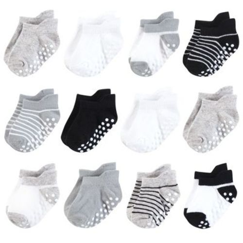 Hudson Baby Infant Boy Non-Skid No-Show Socks, Black Gray Stripes, 6-12 Months