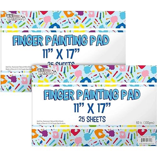 U.S. Art Supply Large 11" x 17" Finger Painting Paper Pad, Pack of 2, 25 Sheets Each, 60lb (100gsm) - Acid-Free Coated Sheets - Kids Learn To Paint, Draw, Craft, Create Artwork, Fun Classroom Activity