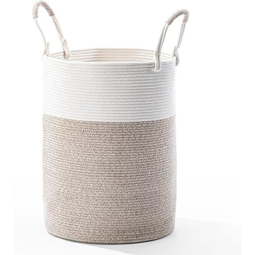 Laundry Basket Hamper – Woven Cotton Rope Nursery Hamper for Toys, Clothes, Blankets, Yoga Mat – Boho Basket for Living Room, Bedroom – 16”D x 22”H – White & Beige Brown