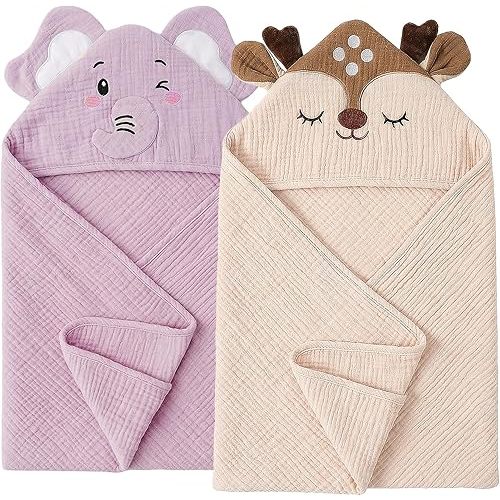4 PCS Muslin Baby Bath Towels Set, 100% Cotton 2 PCS Animal Hooded Baby Towels 32x32 Inch & 2 PCS Washcloths, Ultra Absorbent & Soft Infant Newborn Essentials Gifts for Boys & Girls, Elephant & Deer