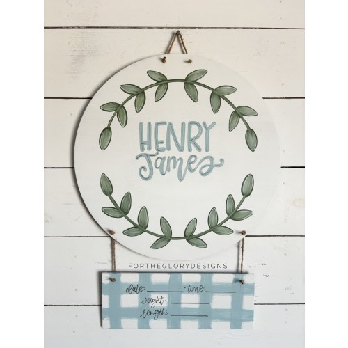 hospital door hanger for boys // muted baby blue plaid with greenery circle