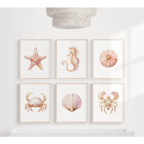 Beach Theme Nursery Set 6 Prints of Sea Creatures Magenta Pink Gold Ocean Themed Nursery Artwork Baby Nursery Surf Decor Watercolor