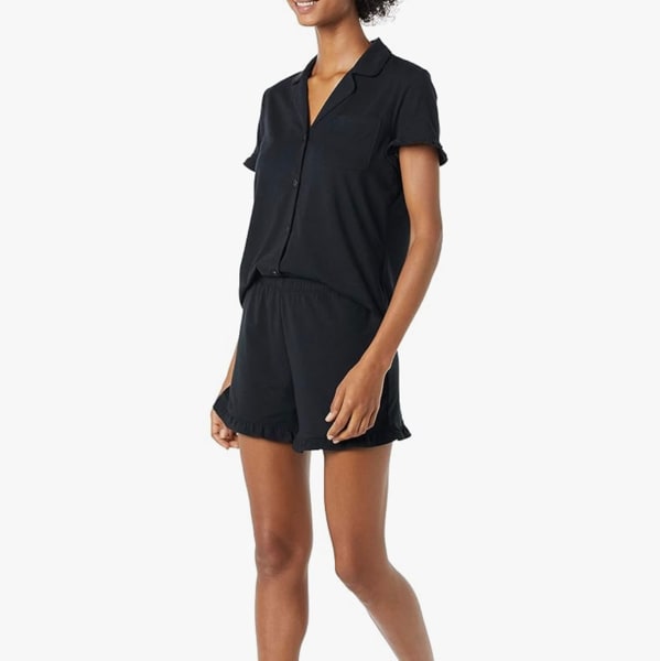 Amazon Essentials Women's Cotton Modal Piped Notch Collar Ruffle Pajama Short Set (Available in Plus Size)