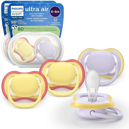 Philips Avent Ultra Air Pacifiers - Orthodontic Design, for Babies 0-6 Months, Soft Silicone Symmetrical Nipple, BPA-free, 2 Sterilizing Cases, 4 Pack, SCF087/20