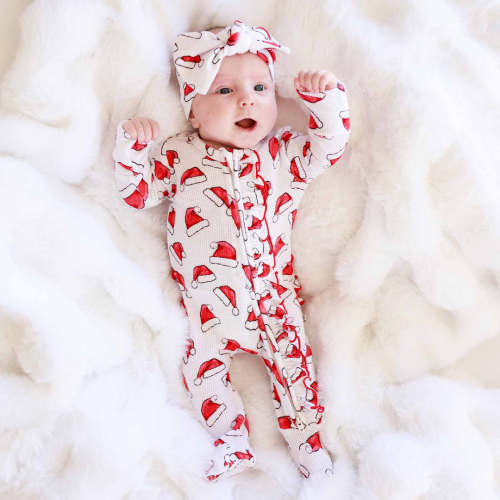 Santa Baby Bamboo Waffle Zipper Ruffle Footie