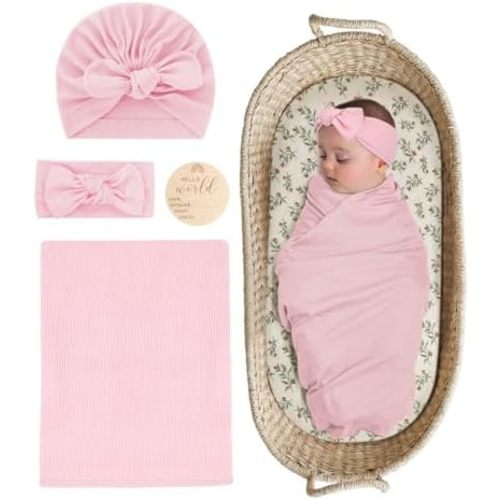 Stretchy Baby Swaddle Blanket and Headband Set, Newborn Receiving Blankets with Matching Hat for Nursery Swaddle Wrap