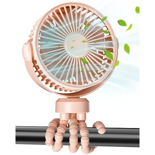 Stroller Fan, Battery Operated Clip On Portable Fan, 360°Rotate USB Rechargeable Personal Desk Fan, 3 Adjustable Wind speed, Detachable Twistable Tripod for Baby Stroller, Cot, Car Seat,Treadmill