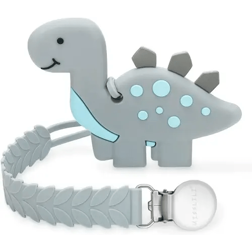 Teething Toys for Babies, Baby Teethers with Clip Silicone Baby Teether Toys for Boys and Girls Infant Teething Relief for Teething Dinosaur Shape, Gray