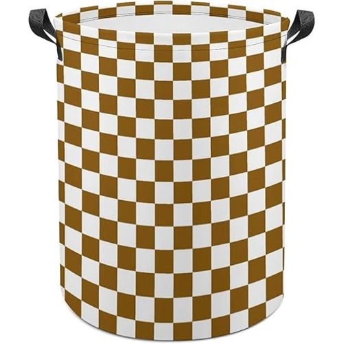 Brown White Checkered Chessboard Flag Laundry Basket, Round Hamper with Hand Strap, Large Collapsible Waterproof Clothes Bin for Bedroom, Bathroom, Dorm And Laundry Room