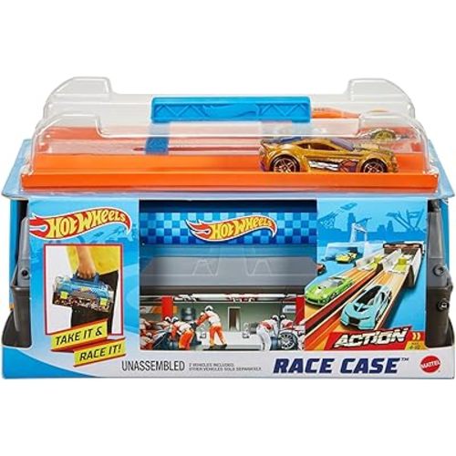Hot Wheels Toy Cars & Track Set, Race Case Playset with 2 Vehicles in 1:64 Scale, Dual Launcher for Side-By-Side Racing & Portable Storage Container
