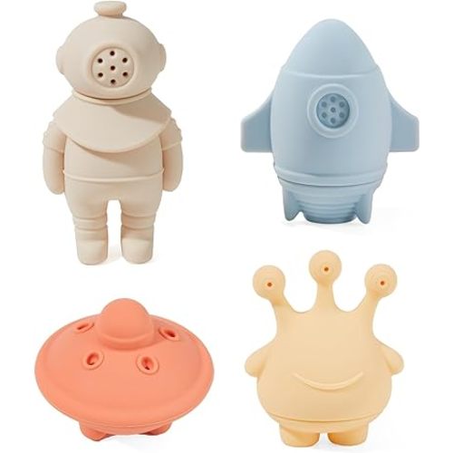 AMCHSURI Bath Toys, Space & Rocket 4 Pack | Dishwasher-Safe & Mold Free Silicone Bath Toys | Soft, Squeezable & Float on Water | Soft & Easy-Grip Baby & Toddler Bath Toy Set | Baby Pool Toys