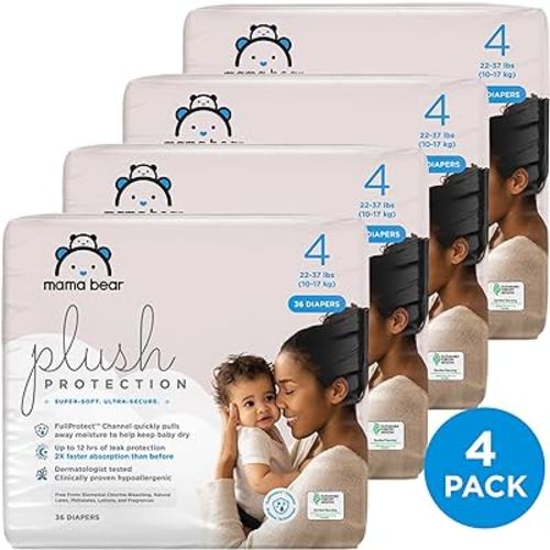 Amazon Brand - Mama Bear Plush Protection Diapers - Size 4, One Month Supply, Hypoallergenic Premium Disposable Baby Diapers, 144 Count (Pack of 4), White and Cloud Dreams