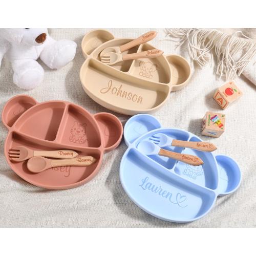Personalized Cartoon Silicone Baby Weaning Set,Feeding Set with Name,Separator Tray Bib Cup,Engraved Toddler Feeding Set,Kids Silicone Plate