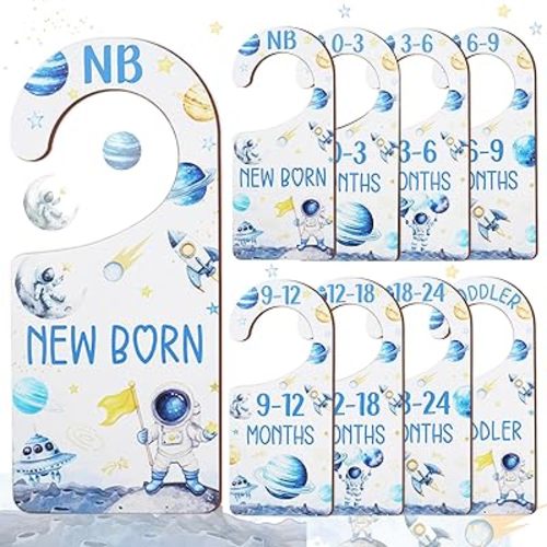 Baby Closet Dividers 8PCS, Outer Space Themed Wooden Double-Sided Clothes Size Hanger Organizer from Newborn to Toddler for Nursery Decor Baby Shower Birthday Gift Blue
