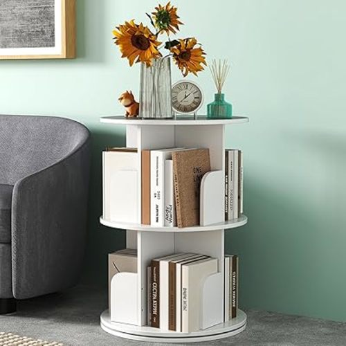 Nisorpa 2 Tier Rotating Bookshelf, 360° Revolving Bookcase Rotating Stackable Shelves Floor-Standing Storage Display Rack Used in Bedrooms Living Rooms Study Office (26"x18"x18")