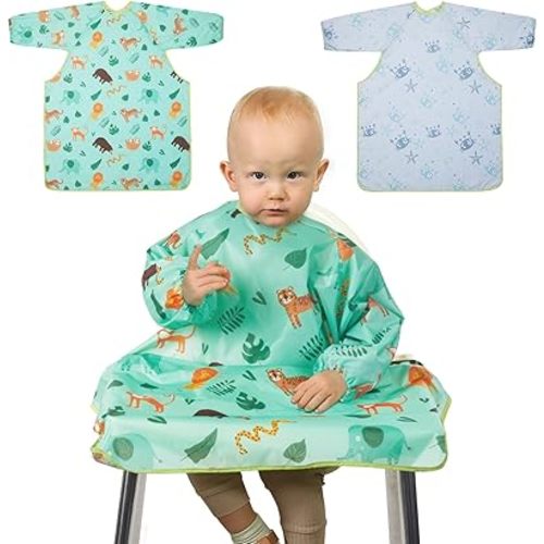 Lictin Coverall Baby Feeding Bibs - 2-Pack Long Sleeve Baby Bibs for Eating, Adjustable Weaning Bibs, Waterproof Bib Attaches and Fully Cover to Baby Highchair and Table