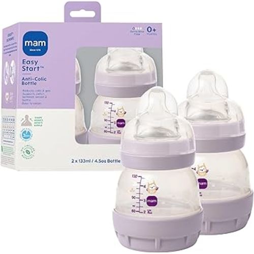 MAM Easy Start Anti-Colic Baby Bottles, Extra Slow Flow, Breastfeeding-Like Silicone Nipple Bottle, Reduces Colic, Gas, & Reflux, Easy-to-Clean, BPA-Free, Vented Baby Bottles for Newborns, 0-3 Months