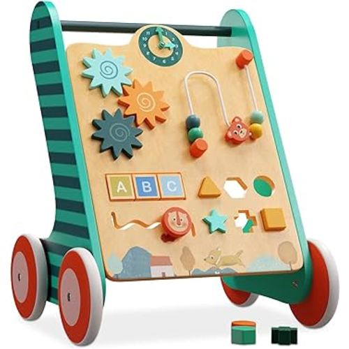 Wooden Baby Walker with Wheels - Walk Around Baby Activity Center Analog Clock, Flip Blocks, Shape Sorter & More - Easy to Push Sit to Stand Learning Walker & Baby Push Toy for Girls & Boys