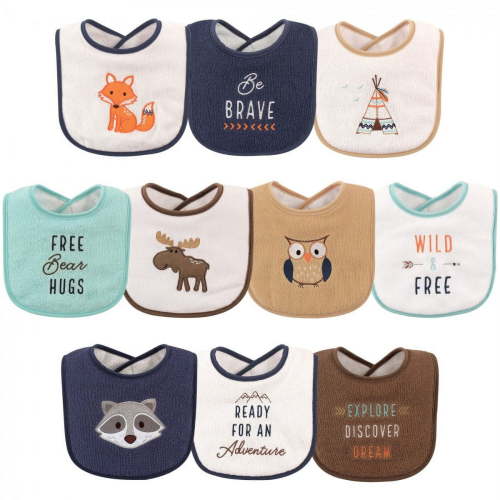 Hudson Baby Newborn's Cotton Terry Drooler Bibs, 10pk Cloth Pack, Raccoon-Inspired, One Size