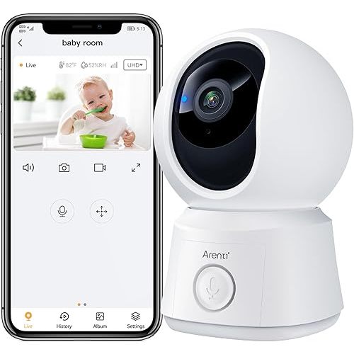 ARENTI B2, 360° View Baby Camera for Pet/Nanny, 2.4g WiFi Only, Temperature Sensor, Sound & Motion Detection, 2 Way Audio, Night Vision, Works Screen2-No Light