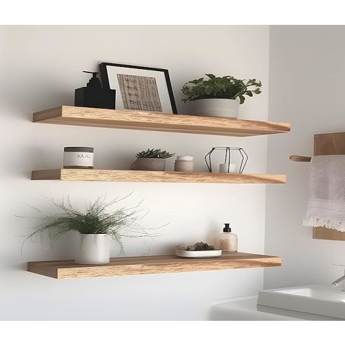 24 Inch Rustic Floating Shelves for Wall Decor Farmhouse Wood Wall Shelf for Bathroom Kitchen Bedroom Living Room Set of 4 Light Brown - 24INCH