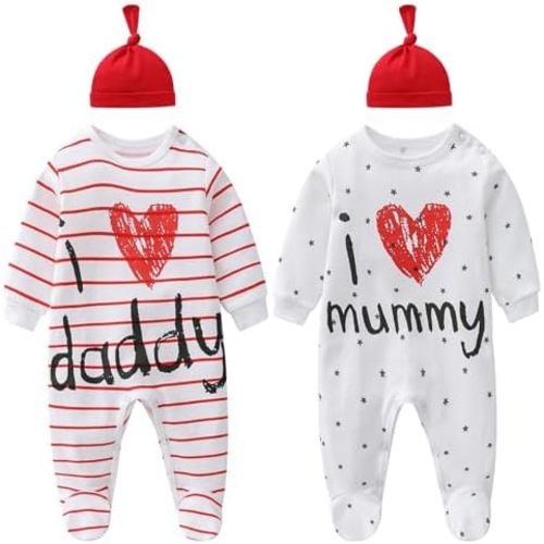 Unisex Baby Footie Pajama, Pack of 2 I Love Daddy and Mummy Print Long Sleeve Footie Sleepwear