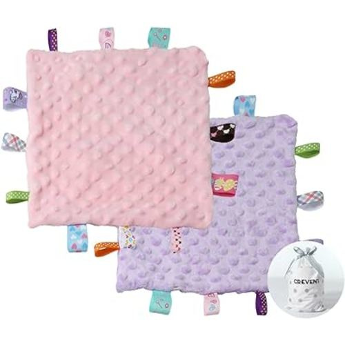 CREVENT Tag Security Blankets for Babies, Soft Small Loveys for Girls, Baby Comforter Sensory Blanket, Great Gifts for Birthday Baby Shower 10"X10" (Purple+Pink Tag, Crib)
