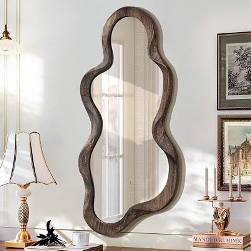 Large Asymmetrical Mirrors for Wall Wood Frame Irregular Mirror Unique Cloud Wavy Mirror Modern Living Room Bedroom Vanity Entryway Hallway Decorative Artistic Wall Mirror