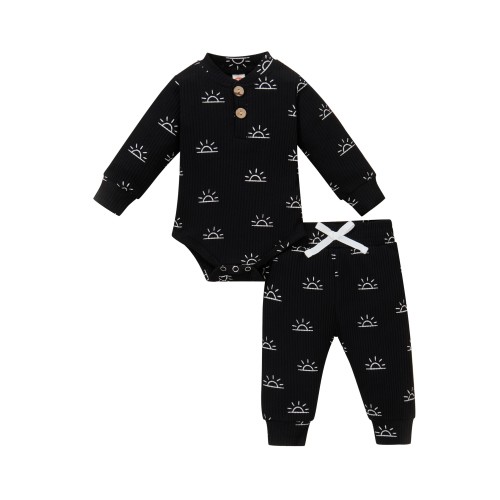 jaweiwi 2 Pcs Newborn Sun Print Outfits Set, Toddler Ribbed Long Sleeve Round Neck Bodysuit + Trousers with Bow,Size 0 6 9 12 18 M