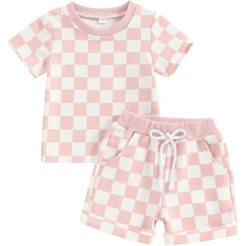 FOCUSNORM Toddler Baby Girl Outfit Newborn Girl Summer Clothes Short Sleeve T Shirt Checkerboard Top Set Elastic Waist Shorts