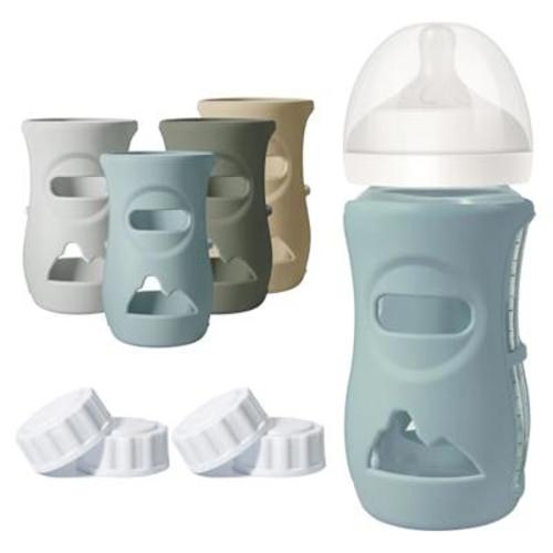 Joxodak 4 Pack Silicone Sleeves for Philips Avent Natural Glass Bottle, Food Grade Silicone Cover and 4pcs Travel Caps, Lids Replacement (Dark Blue+Da