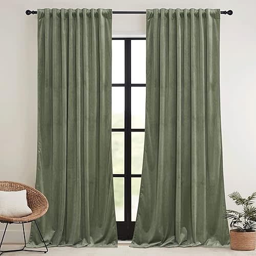 RYB HOME Sage Green Velvet Curtains with Hook Tape, Thermal Insulated Privacy Protect Decorative Drapes for Home Theater, W 42 x L 84 inches, 2 Panels Set