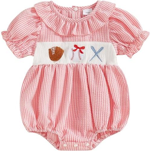 Newborn Baby Girl Baseball Outfit Embroidery Short Sleeve Smocked Bubble Romper Ruffle Bodysuit Cute Summer Clothes