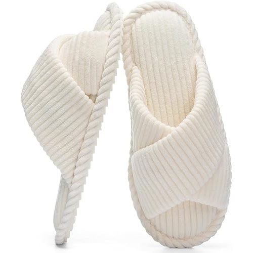 Slippers for Women Memory Foam House Bedroom Corduroy Crossbands Open Toe Slides Sandals Shoes Comfy Trendy Gift for womens Anti-Skid sole