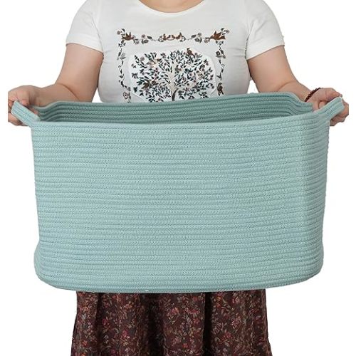 XUANGUO Large Rectangle Blankets Basket Living Room 22"x17"x12" Woven Cotton Rope Storage Baskets for Nursery Toy Baskets for Kids and Dogs Wicker Laundry Basket Bin for Clothes Towels green